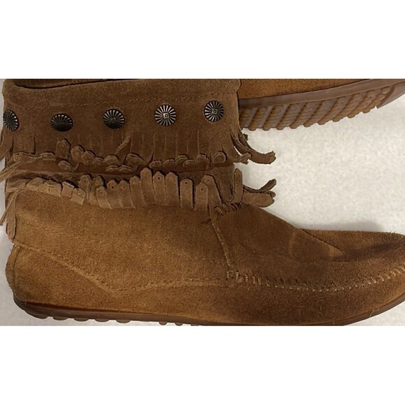 MINNETONKA Fringe Moccasins Boho Festival Brown Suede Boots Woman’s Size 7.5 US - Picture 6 of 13